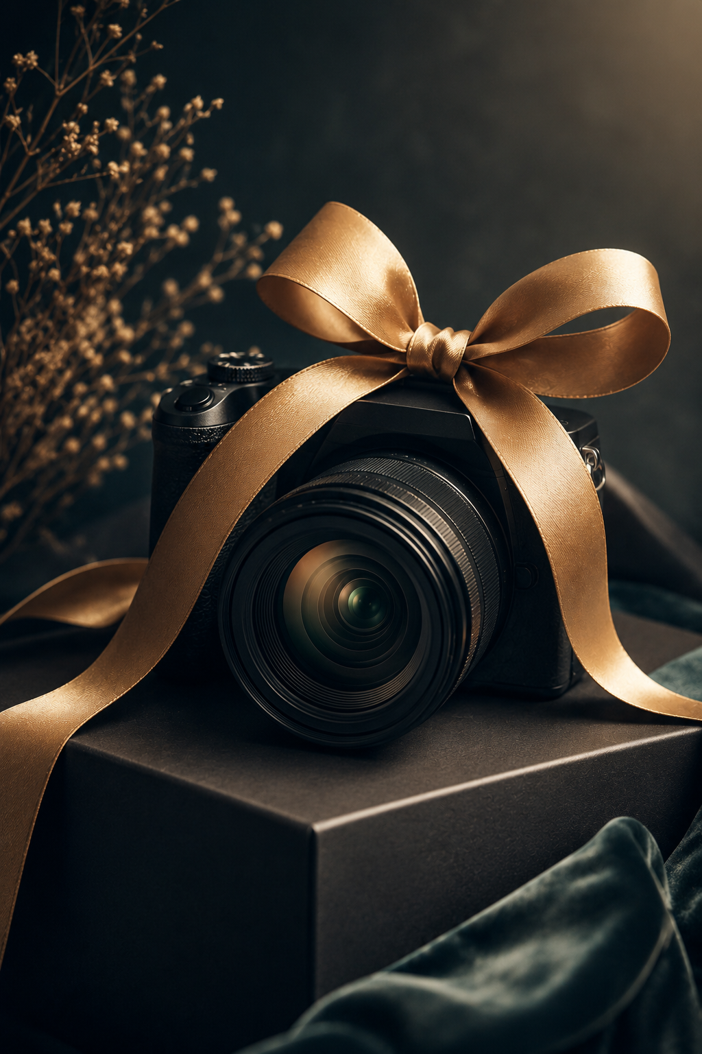 Een digitale spiegelreflexcamera met een gouden strik erop, geplaatst op een zwarte doos, met gedroogde bloemen op de achtergrond.