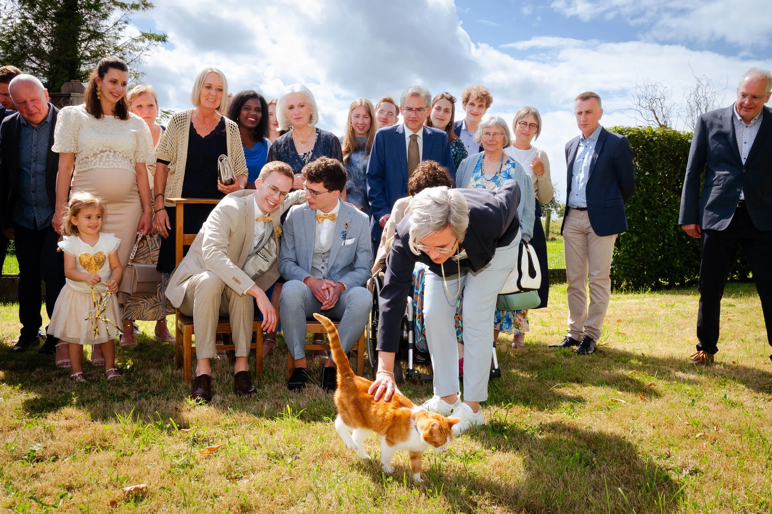 Mensen op een zonnige dag bij een tuinfeest, met een vrouw die een oranje en witte kat aait op het gras.