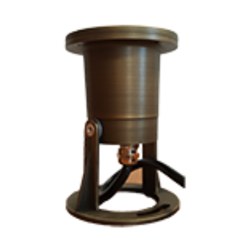 A Forged brass underwater fountain, waterfall, pond light fixture with a cylindrical shape and a round, flat top.