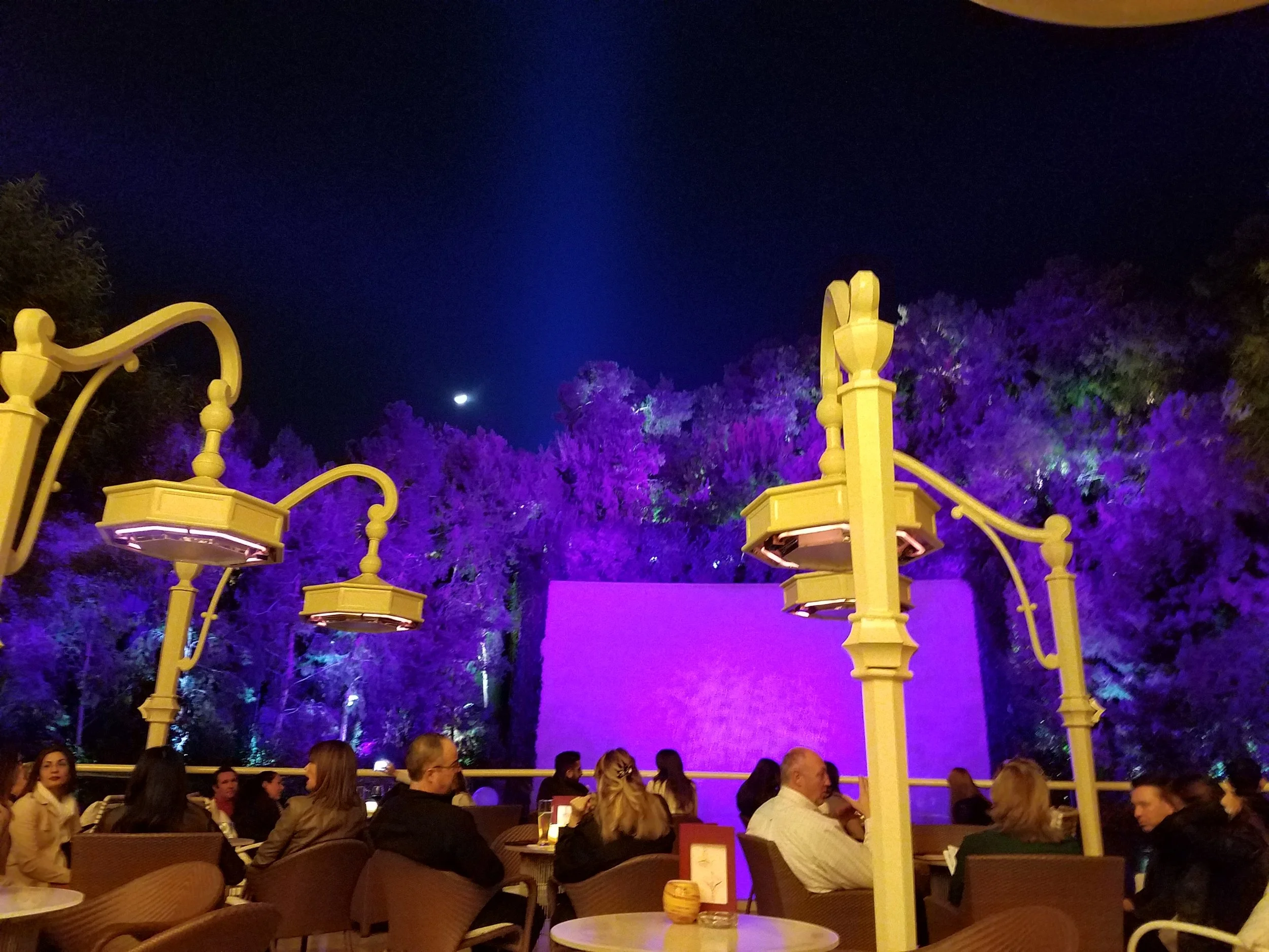 People dining outdoors at night with purple-lit trees and a purple illuminated wall in the background.