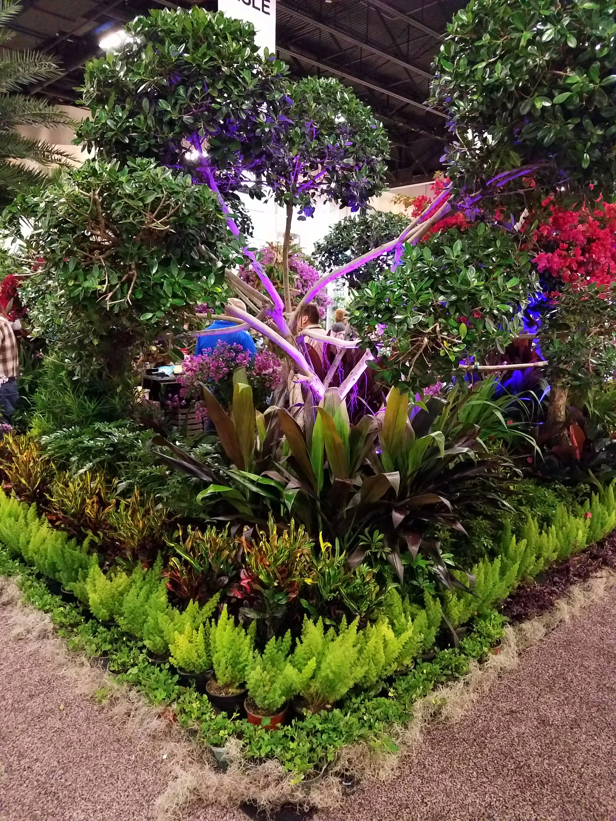 A large display of various potted plants and shrubs at a plant show, with some trees, flowering bushes, and decorative greenery