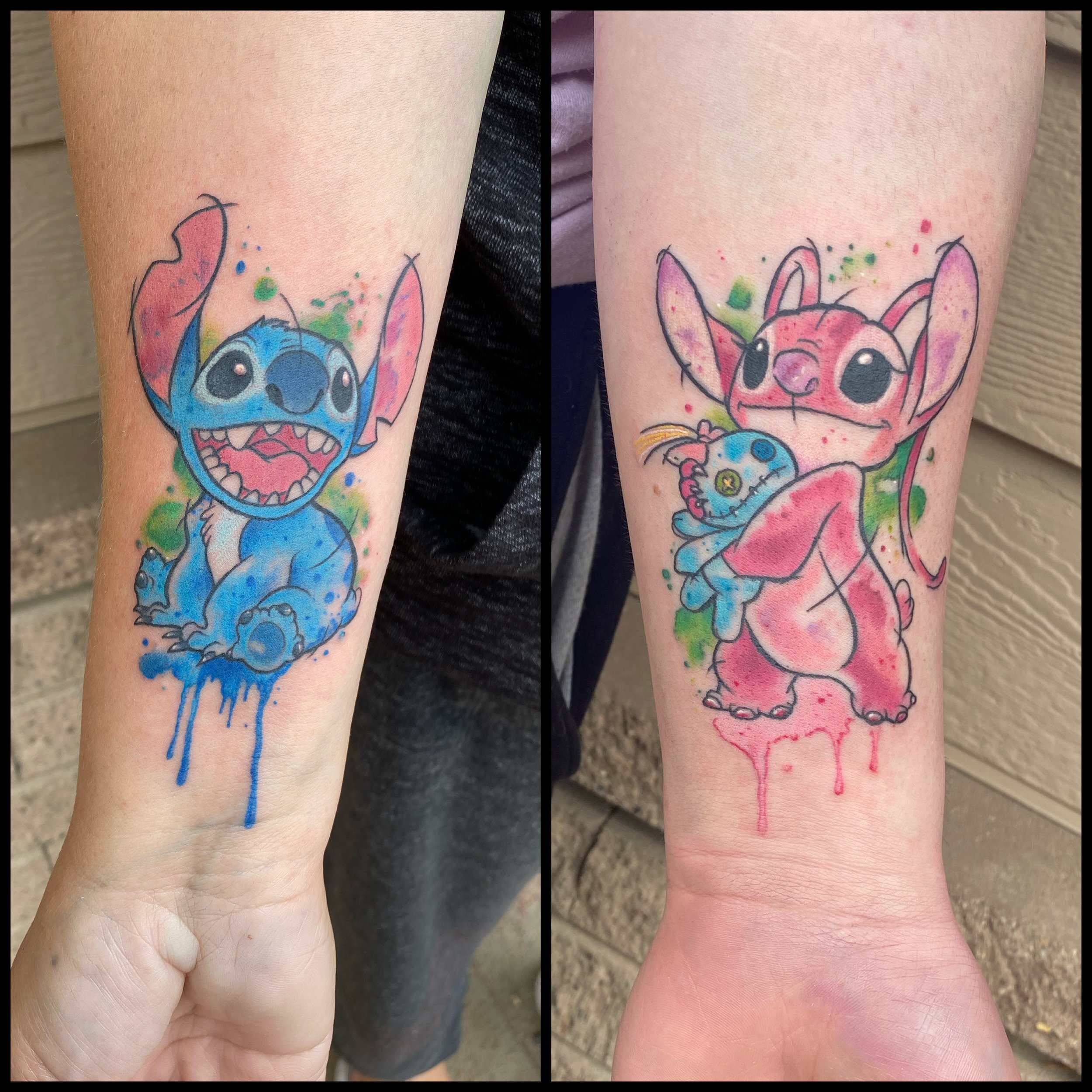 Watercolor-style tattoo of Stitch from Disney's Lilo & Stitch on the left forearm, and a watercolor-style tattoo of Stitch hugging another character on the right forearm.