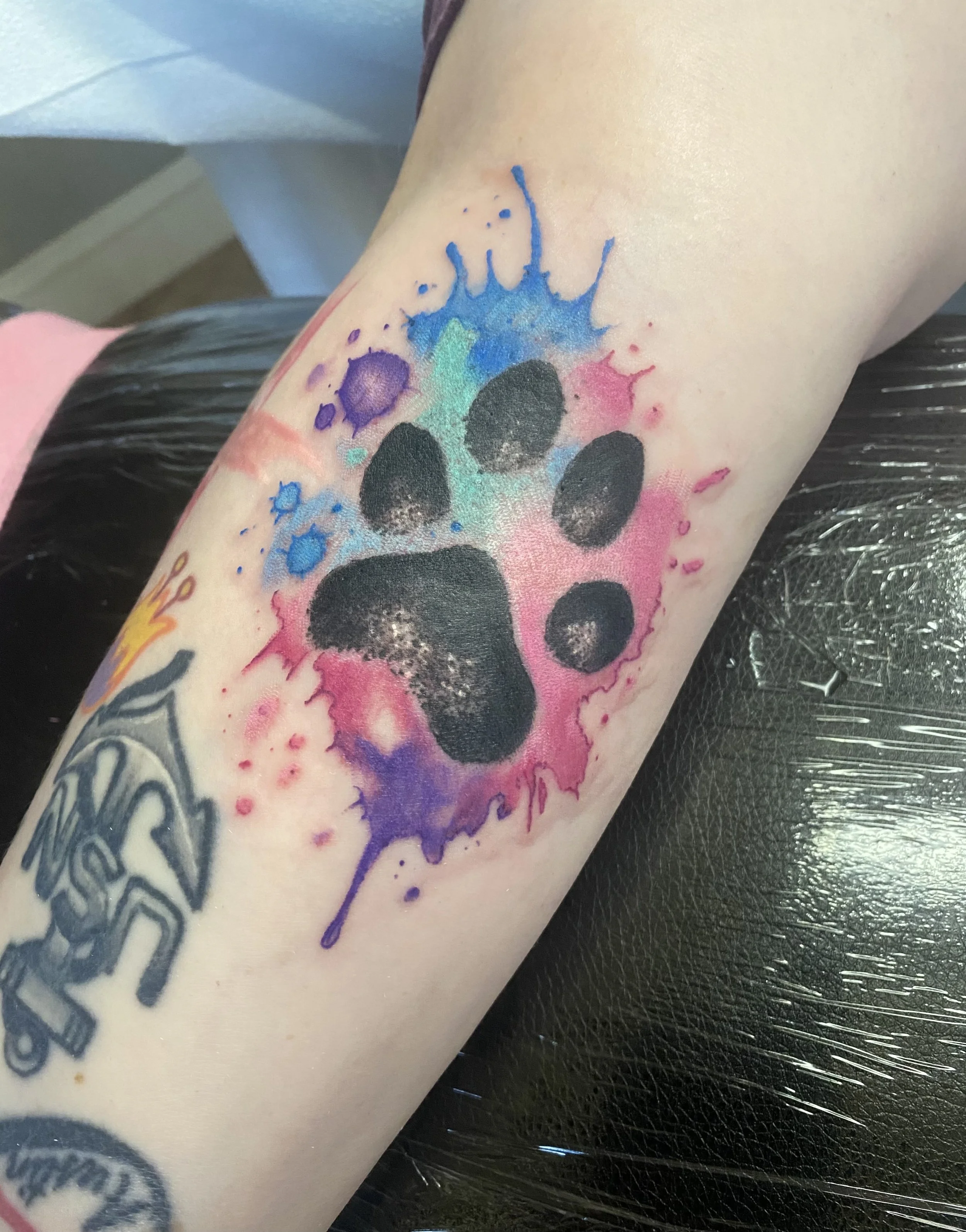 Colorful tattoo of a paw print with pink, blue, purple, and black ink splashes on a person's forearm.