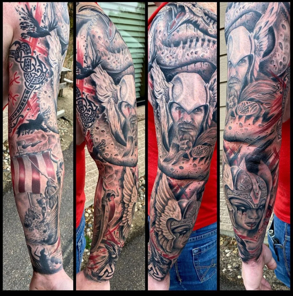 Full sleeve tattoo featuring Vikings, Norse symbols, a Viking helmet, a Viking woman, and Norse mythology themes in black and gray with red accents.