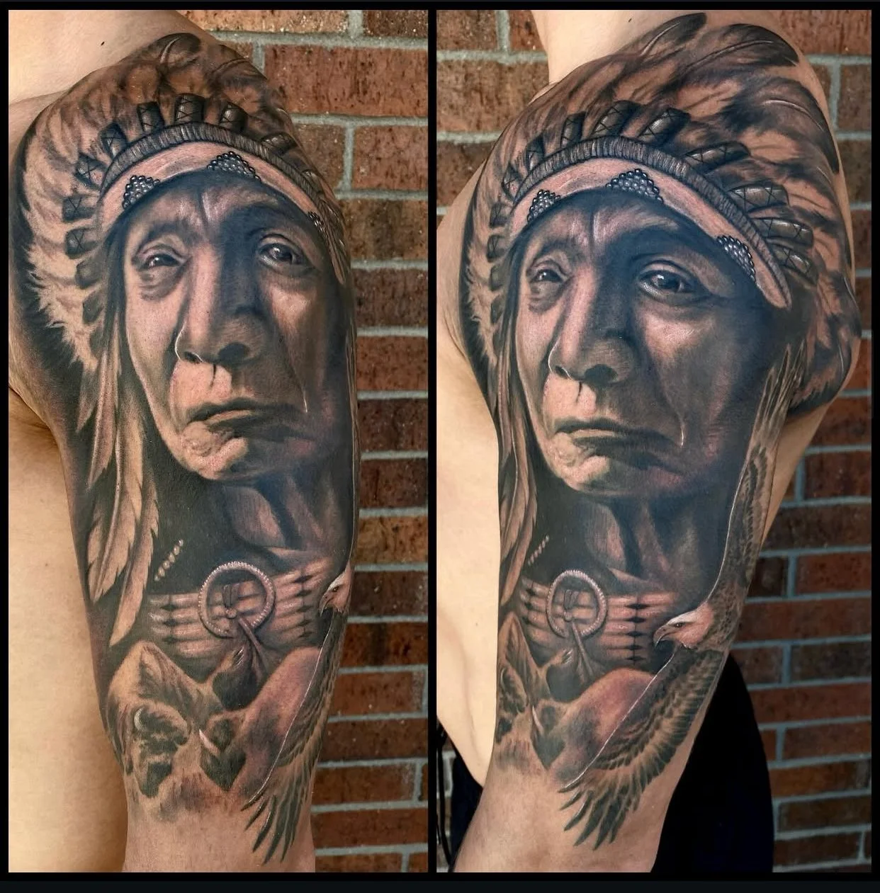 Black and gray tattoo of a Native American chief wearing a headdress, with a mountain and eagle below.