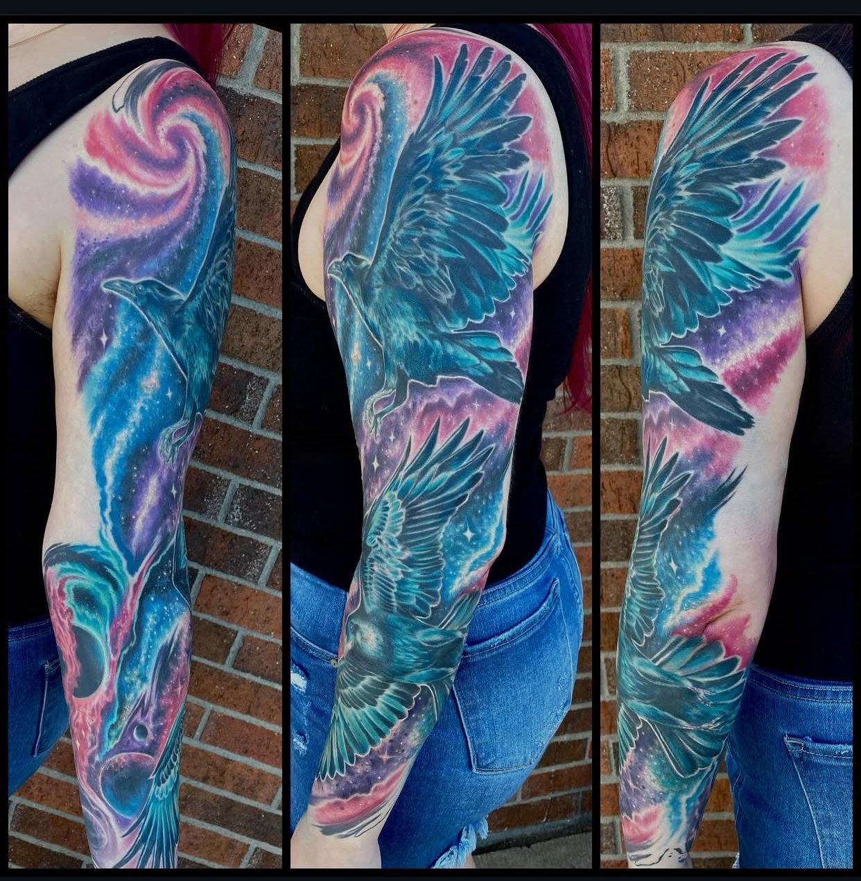 Colorful galaxy-themed tattoo featuring multiple blue and teal birds in flight on a person's arm, with pink, purple, and blue cosmic background.