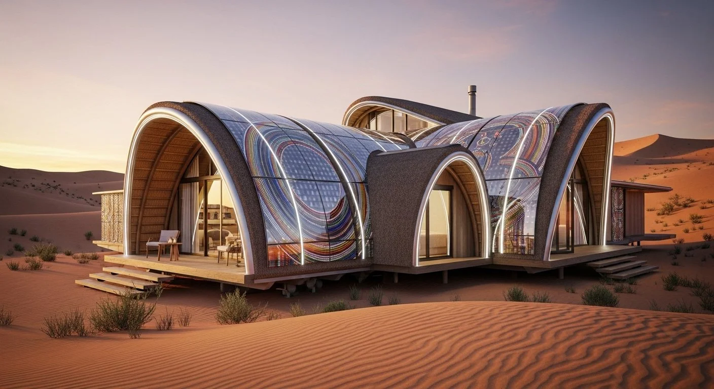 Modern house with curved glass walls and unique architectural design in a desert setting at sunset.