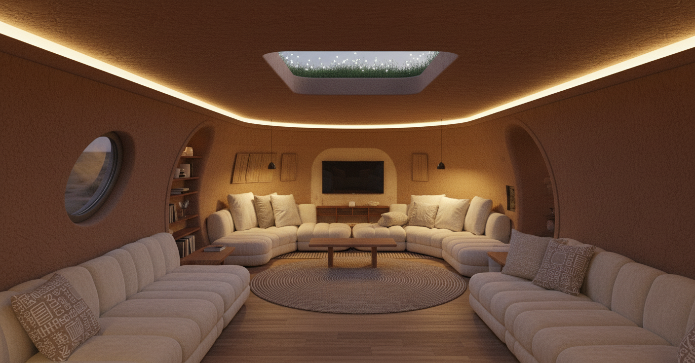 Cozy living room with a large circular beige sectional sofa, a flat-screen TV, wooden shelves, and small round windows on curved walls, under a skylight.