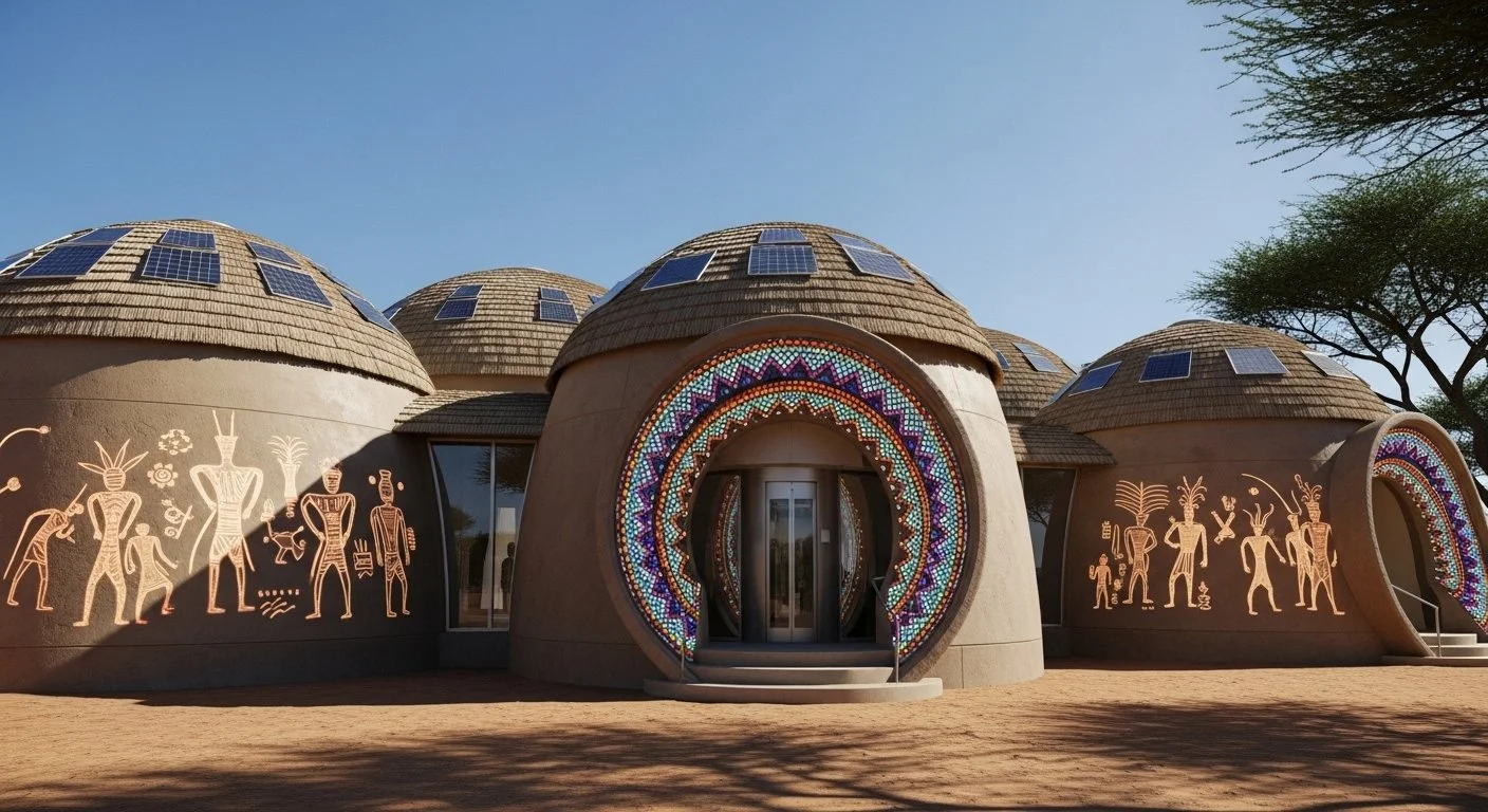 A building with dome-shaped roofs, solar panels, colorful mosaic accents, and African tribal-style murals on its walls.