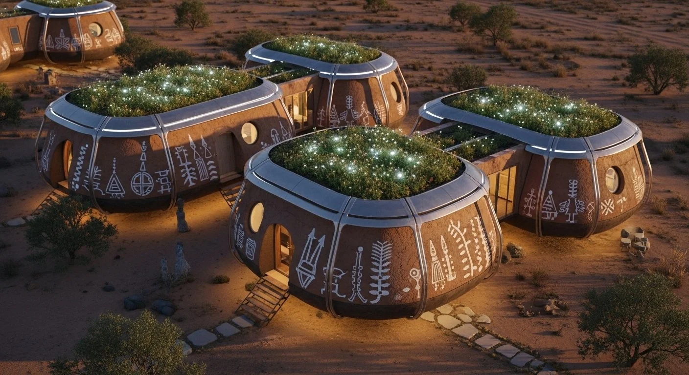 Futuristic dome-shaped houses with painted indigenous-style symbols on desert landscape, featuring rooftop gardens and circular windows.