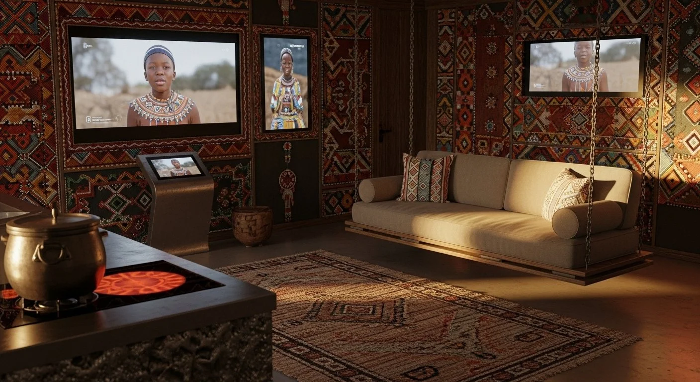 Living room with African tribal decorations, three television screens displaying a woman in traditional attire, a beige sofa with patterned pillows, a woven basket, a small standalone digital display, and a patterned rug on the wooden floor.