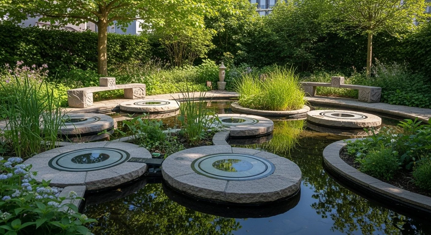 A tranquil garden pond with circular stone stepping stones and lush greenery.