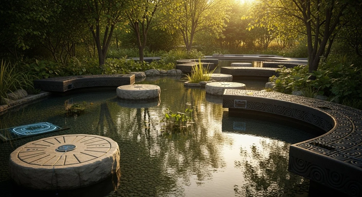 A serene garden pond surrounded by green trees and plants, with decorated stone and black benches along the water's edge during sunset.