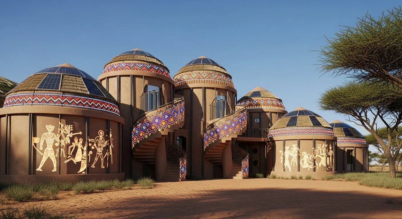 Traditional circular huts with decorated roofs and outdoor staircases in a savannah landscape with trees under a clear blue sky.