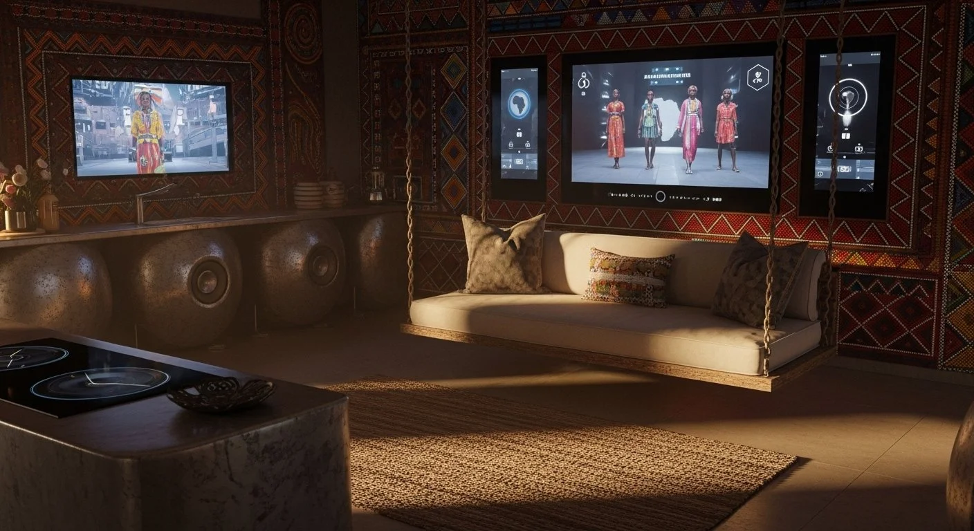 Living room with tribal patterned wall, a hanging bench with cushions, and three mounted screens displaying people in traditional clothing.