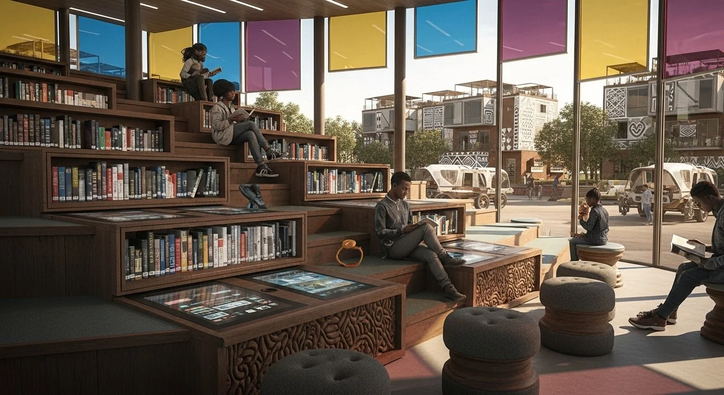 People sitting on tiered wooden and cushioned seating inside a modern library with large glass windows and colorful geometric window panels, reading books during daytime.