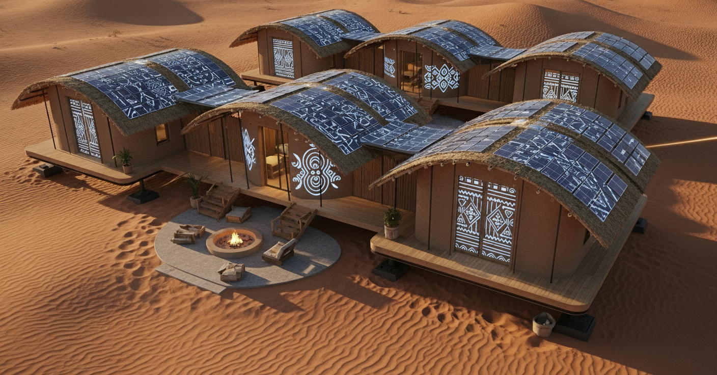 A modern desert home with curved roof panels and solar panels, surrounded by sand dunes, featuring a fireplace and lounge chairs outside.