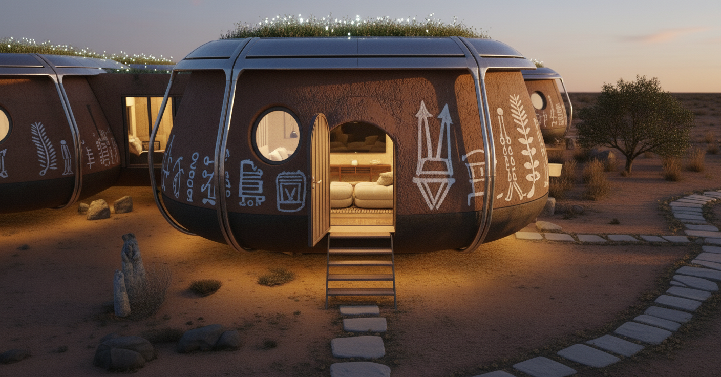 A futuristic, rounded tiny home with decorative white symbols on its dark exterior, located in a desert landscape at sunset with a tree and a stone pathway leading to its entrance.