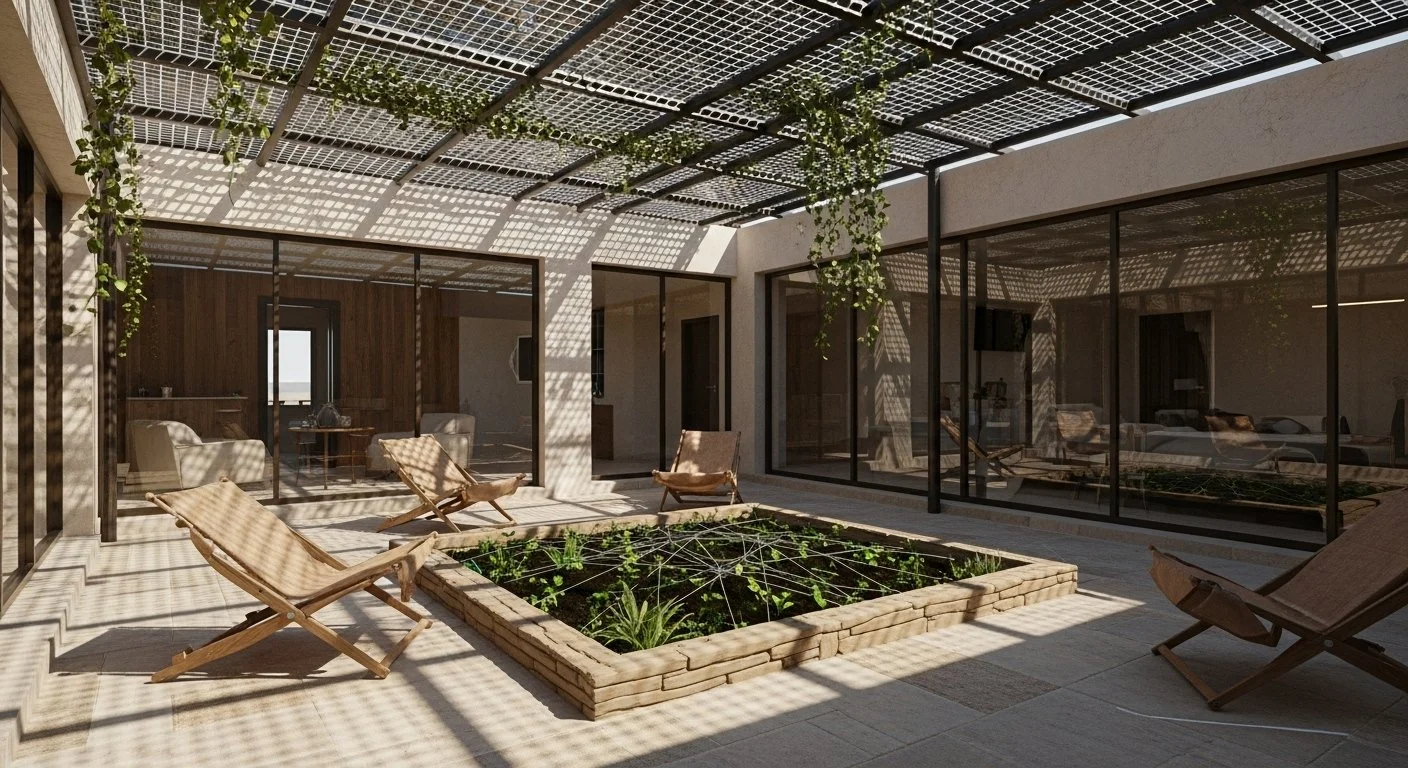 Sunlit outdoor patio with wooden lounge chairs surrounding a raised garden bed, enclosed by glass walls and a lattice roof with climbing plants.