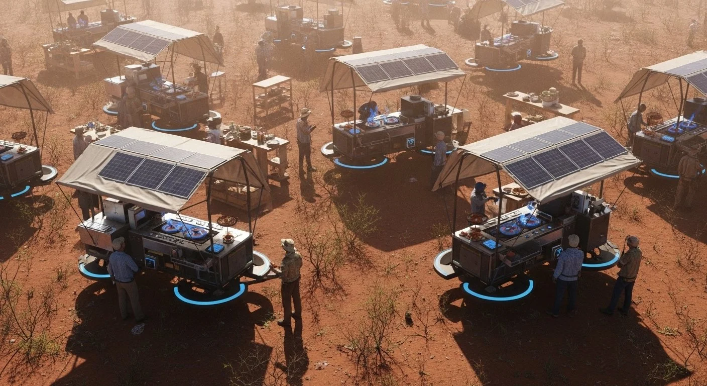 Multiple food trucks with solar panel roofs parked in a desert, serving people at outdoor stations.