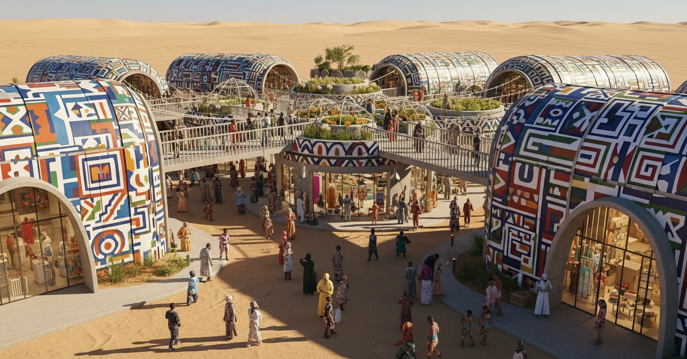 A desert scene with a futuristic shopping mall featuring colorful, patterned domed structures, people walking around, some shopping inside, with a sandy landscape and dunes in the background.