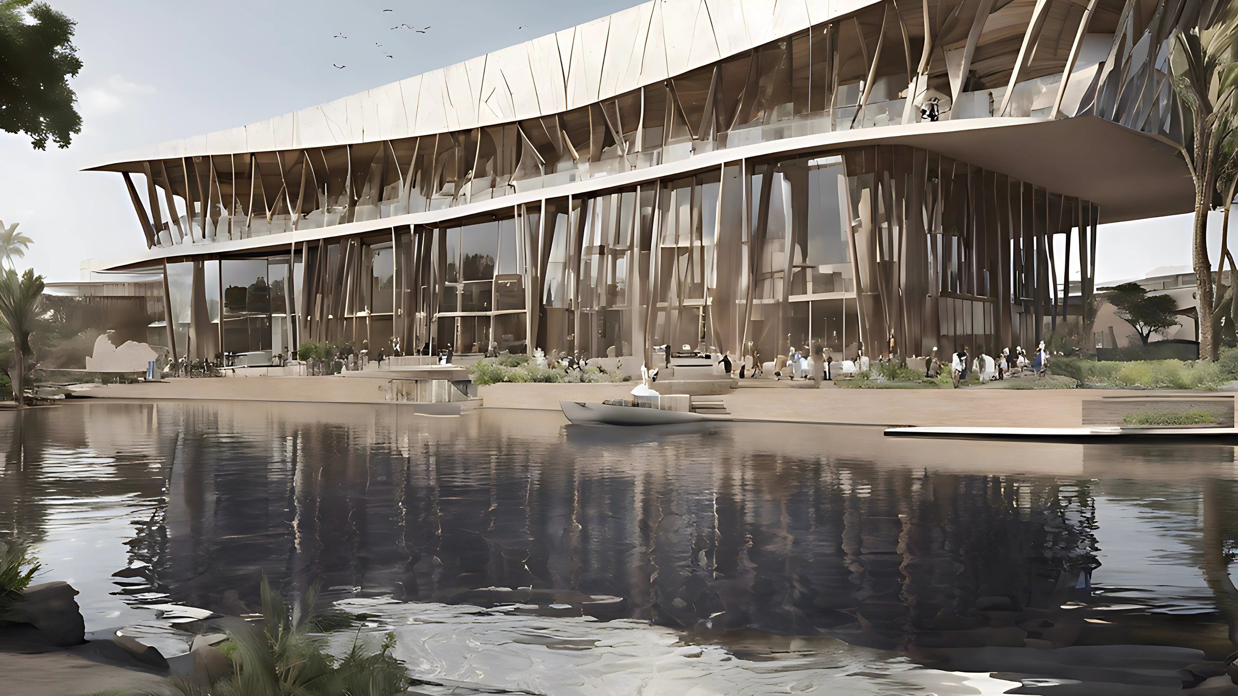A modern architectural building with curved design and glass facade, situated beside a river with a small boat in the foreground. There are trees and people visible around the building.
