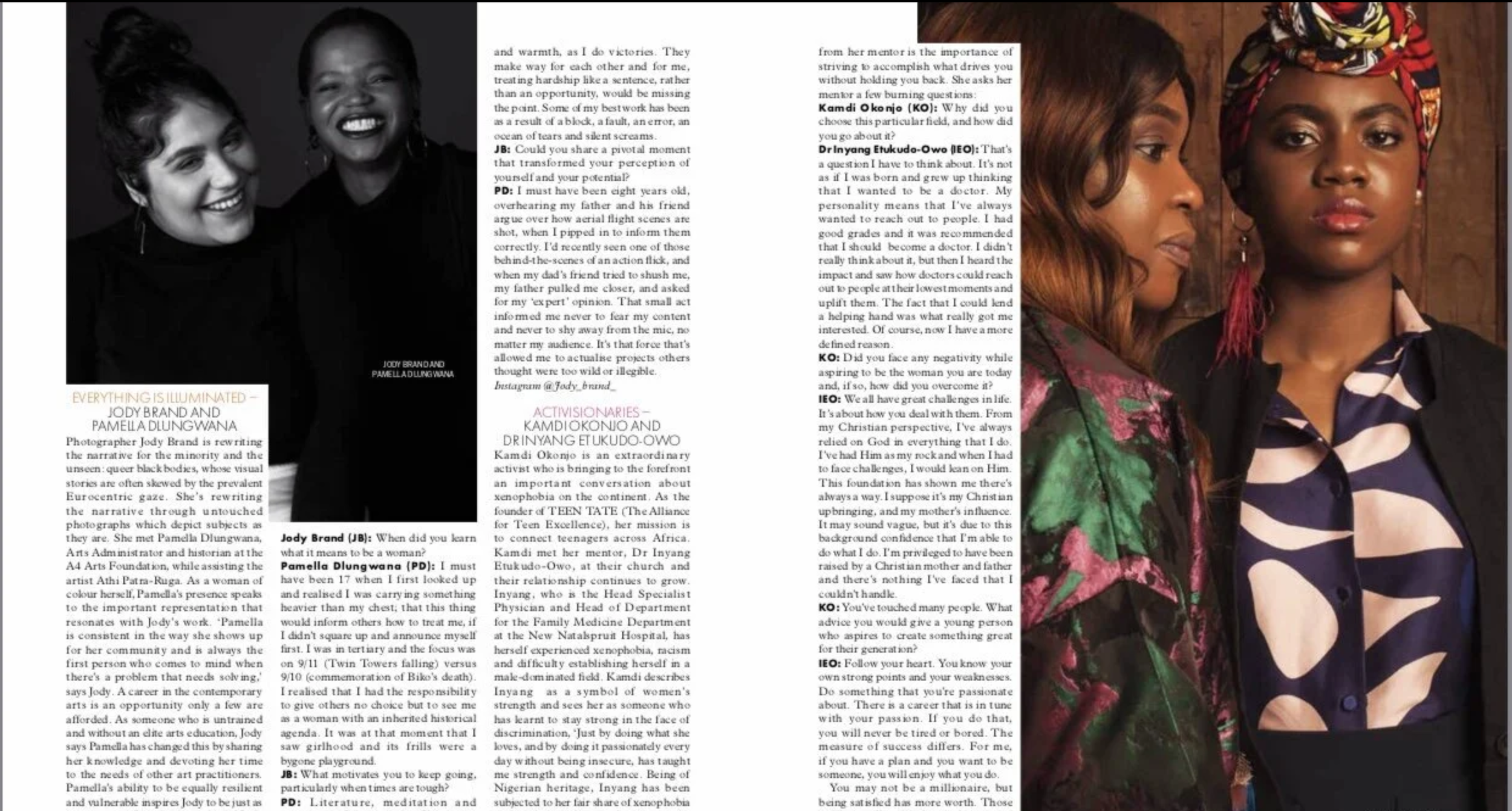 A magazine spread featuring two women on the left side, with black and white photos, and two women on the right side, with colored photos. The left side shows a woman with dark curly hair and a woman with dark straight hair, both smiling. The right s