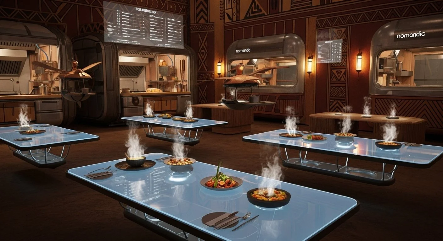 A futuristic restaurant with glowing tables and steam rising from plates of food with smoke or steam coming from dishes on the tables.