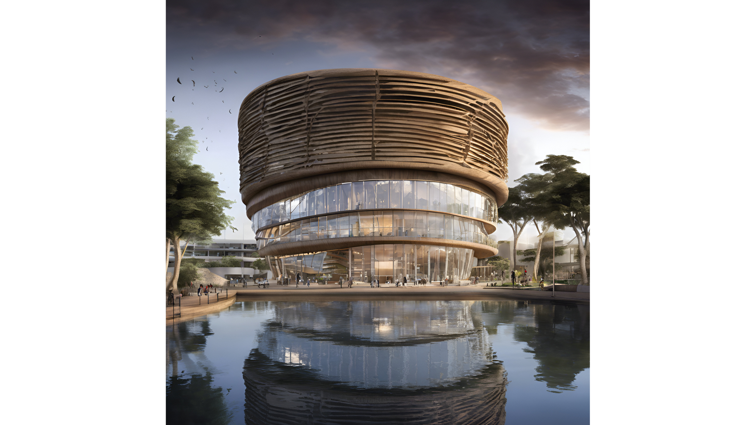 A modern architectural building with a rounded, wooden, layered exterior sits by a water feature reflecting the structure. Trees surround the area, and people are seen walking and gathering outside as the sky darkens with storm clouds.