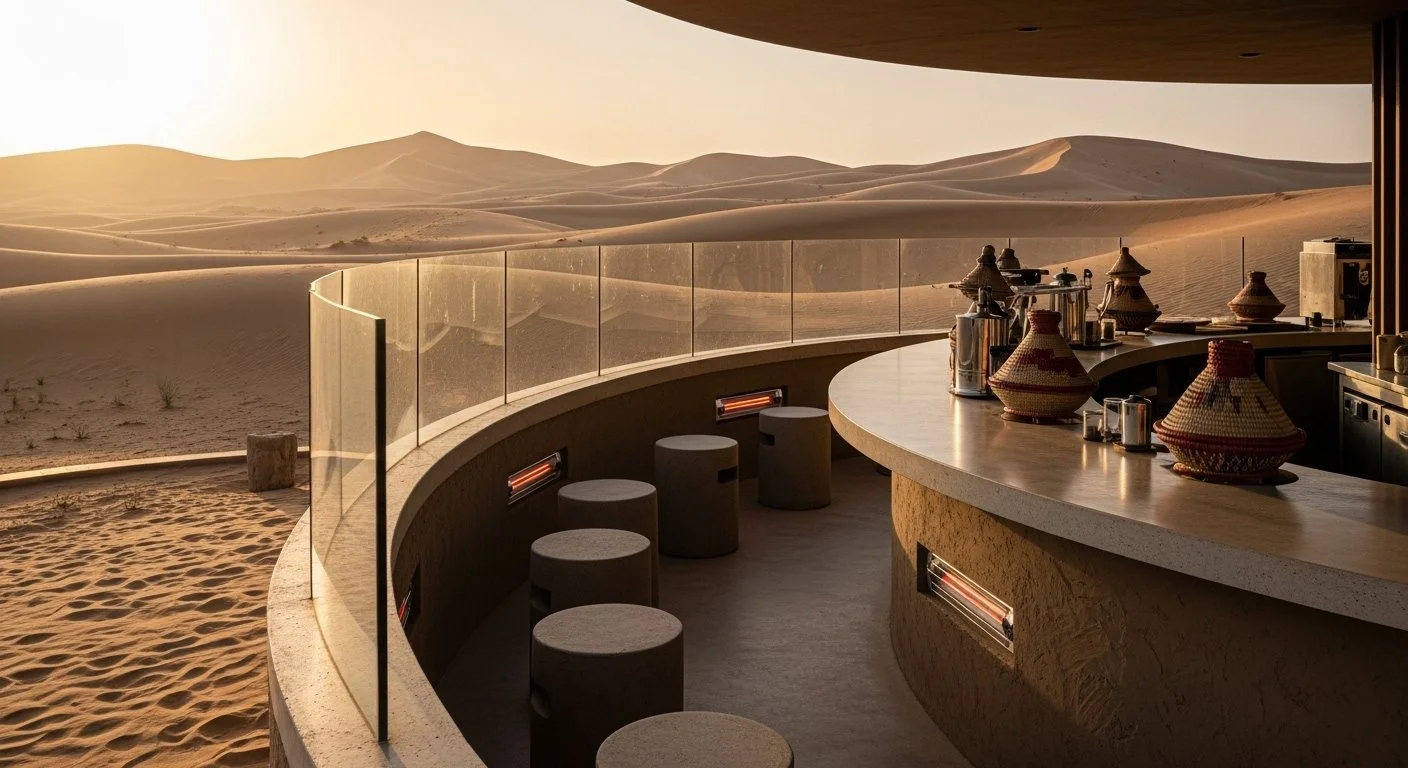 A curved outdoor bar overlooking a desert with sand dunes during sunset, featuring a bar counter with tea pots and brewing equipment, and small round stools.