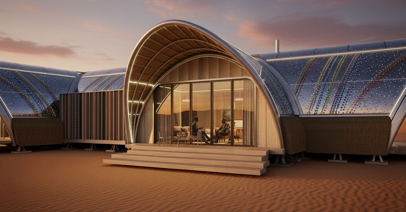 An architectural rendering of a modern, dome-shaped building with a large glass entrance and stairs, featuring a colorful, illuminated exterior at sunset, with people sitting inside visible through the glass.