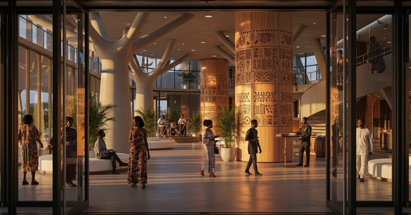 Interior of a modern hotel lobby with large glass walls, wooden accents, and abstract carvings, decorated with potted plants. People are socializing and a small band is playing music in the background.