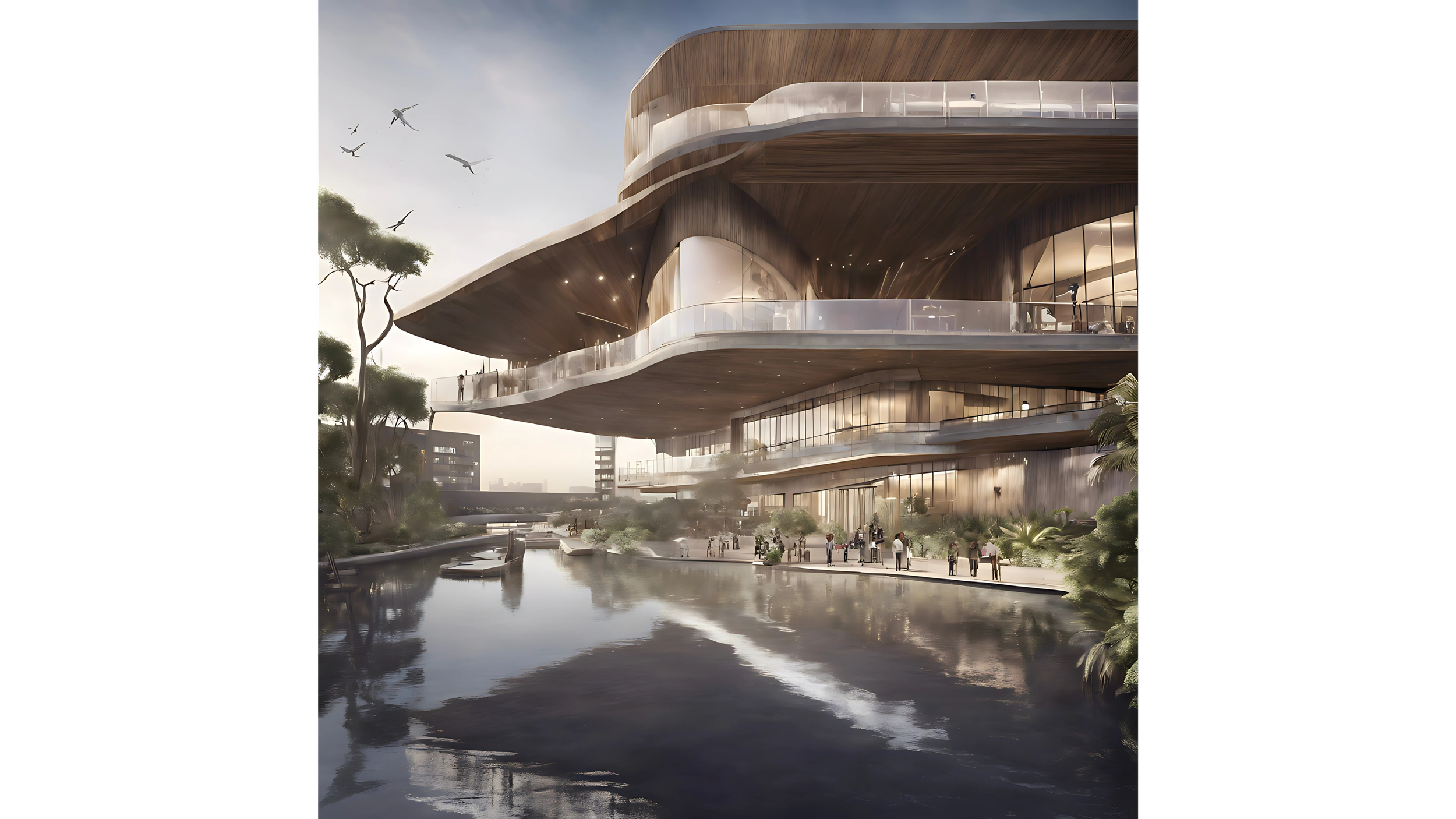 A modern architectural building with multiple levels, glass walls, and wooden elements, situated beside a reflective water feature surrounded by greenery and people walking.