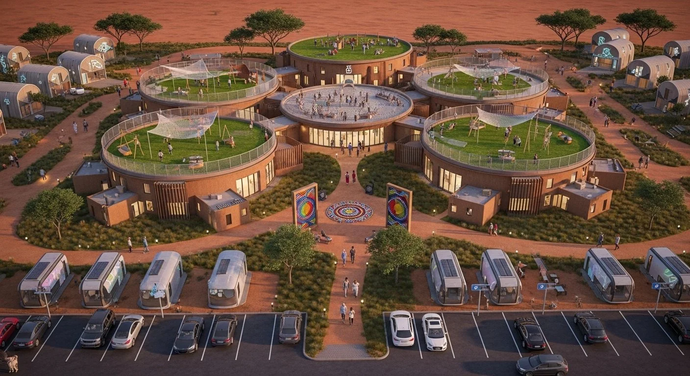 Aerial view of a modern residential community with circular buildings featuring rooftop parks, surrounded by trees, walkways, parking lot, buses, and people walking and socializing.