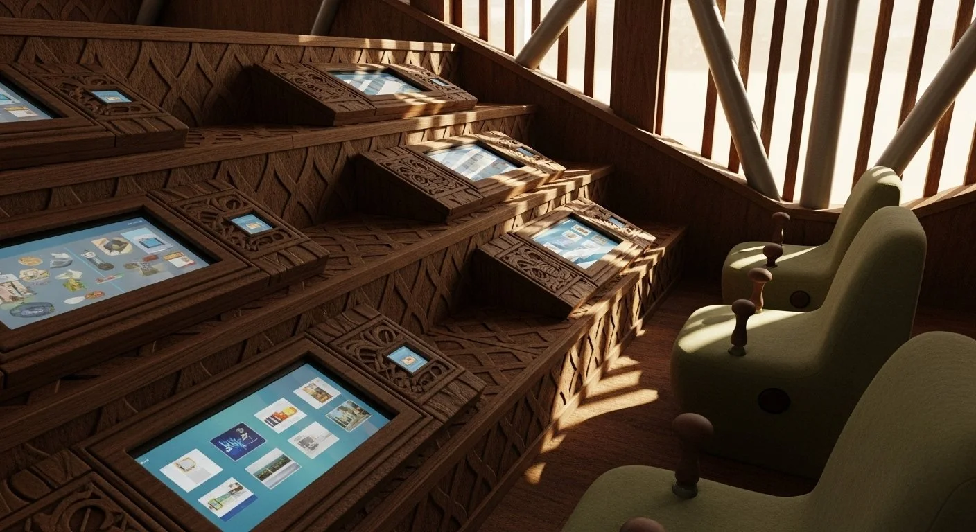 Wooden display with digital screens and carved designs, two green upholstered chairs with wooden armrests, sunlight casting shadows through a wooden slat railing.
