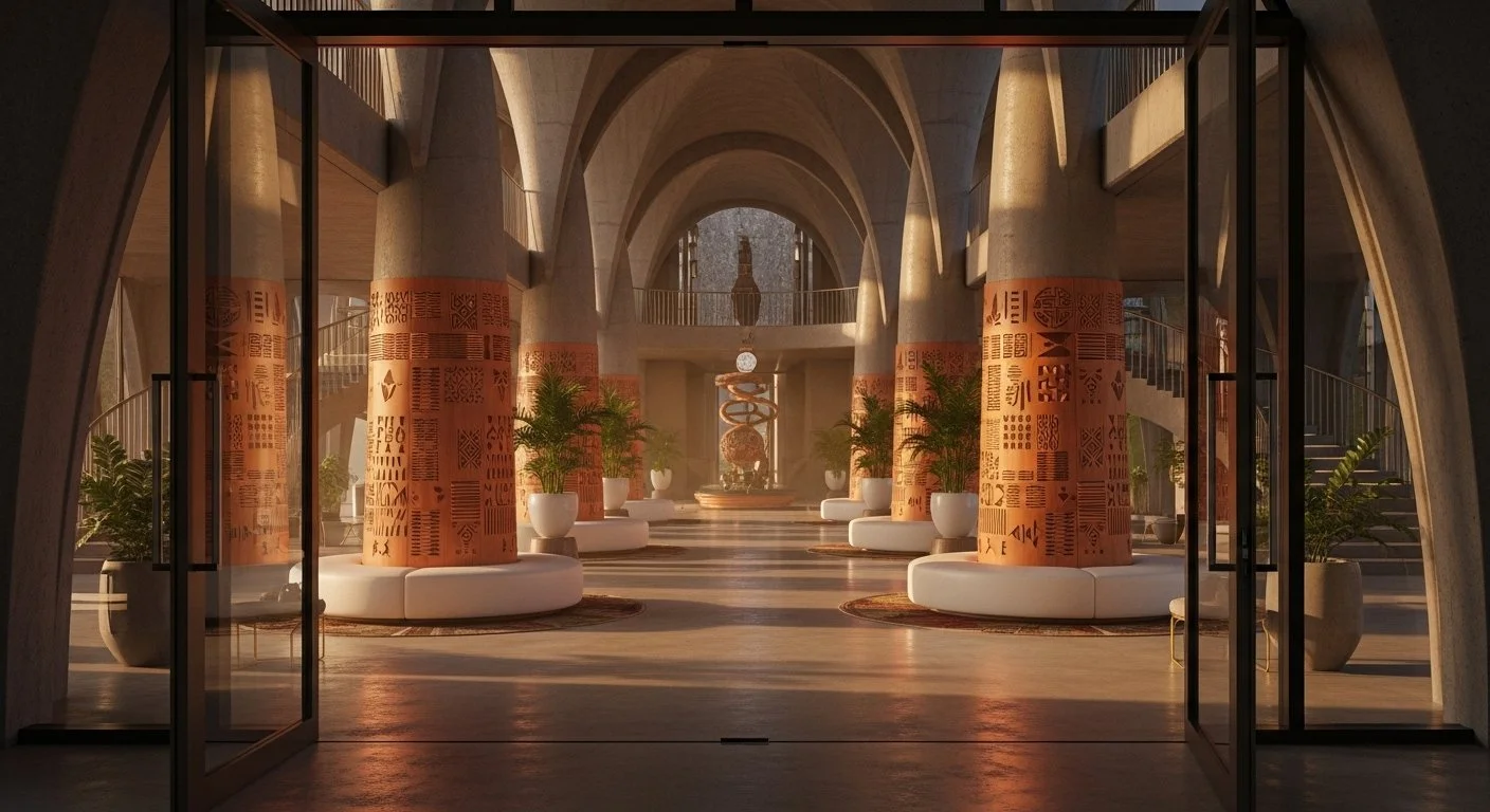Interior view of a spacious, modern architectural space with tall arches, decorated columns with patterns, potted plants, and a central sculpture, illuminated with warm lighting.