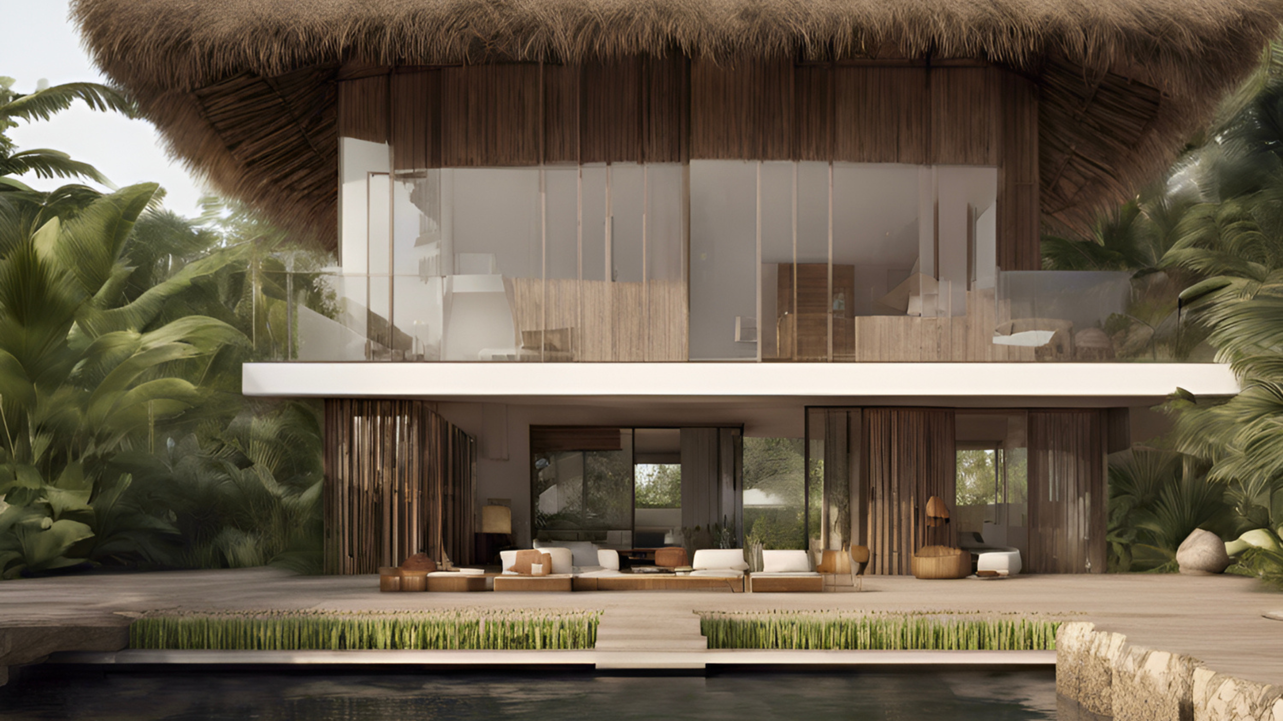 Modern two-story house with a thatched roof, large glass windows, and wooden accents, surrounded by lush greenery and situated near water.