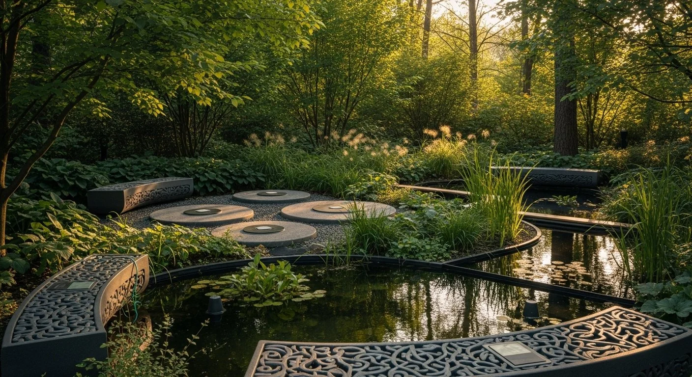 A serene garden pond surrounded by lush green plants and intricately designed metal benches and structures. The scene is illuminated by warm sunlight filtering through the trees.