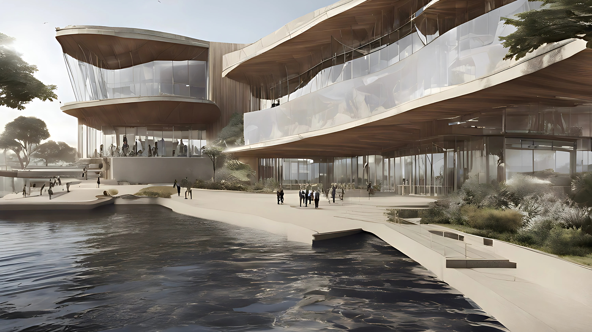 A modern architectural building with curved wooden and glass exterior, overlooking a water body, with trees and people walking around.