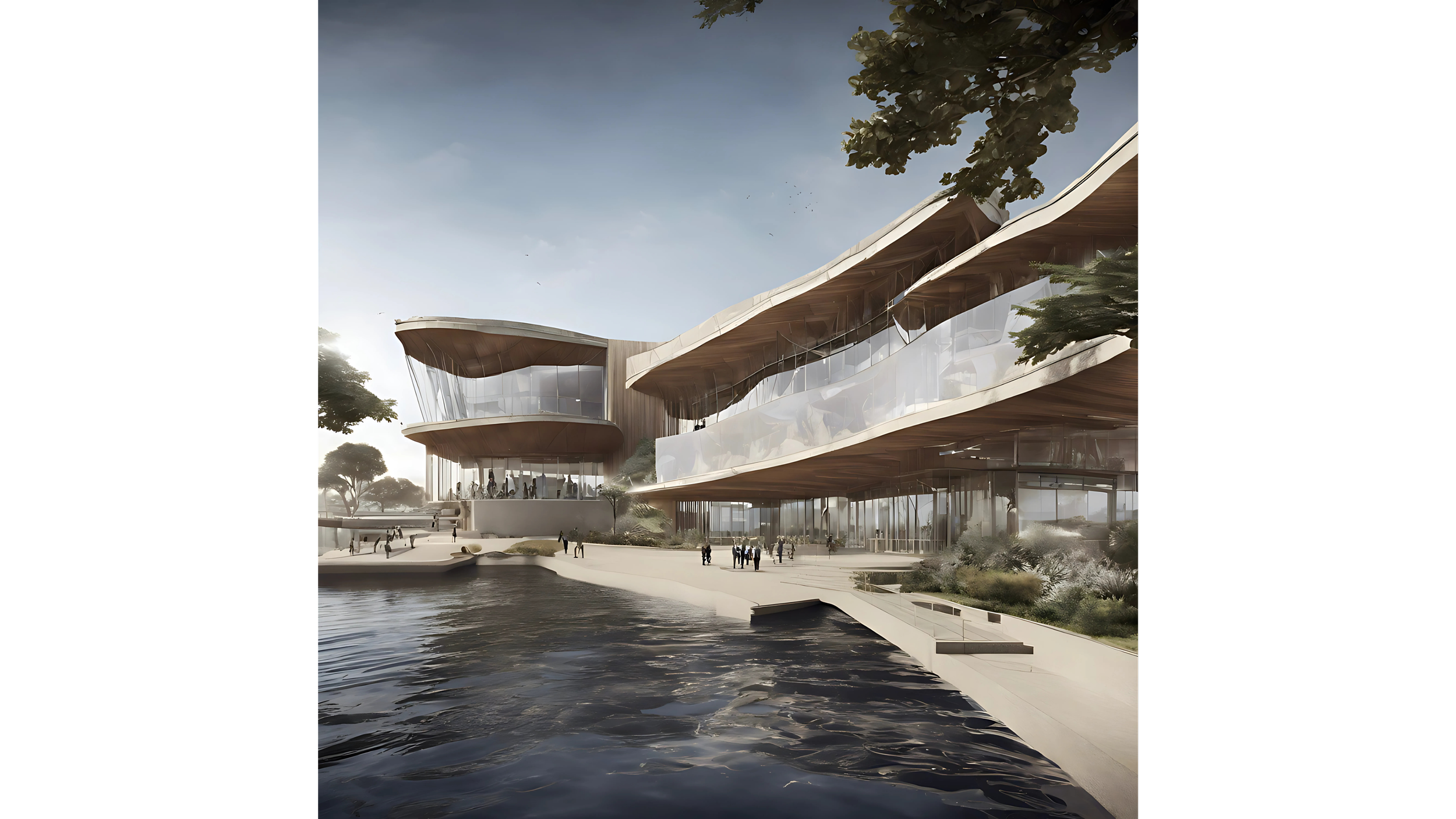 A modern architectural building with flowing wooden and glass design, overlooking a water body with a paved walkway and landscaped surroundings, under a partly cloudy sky.