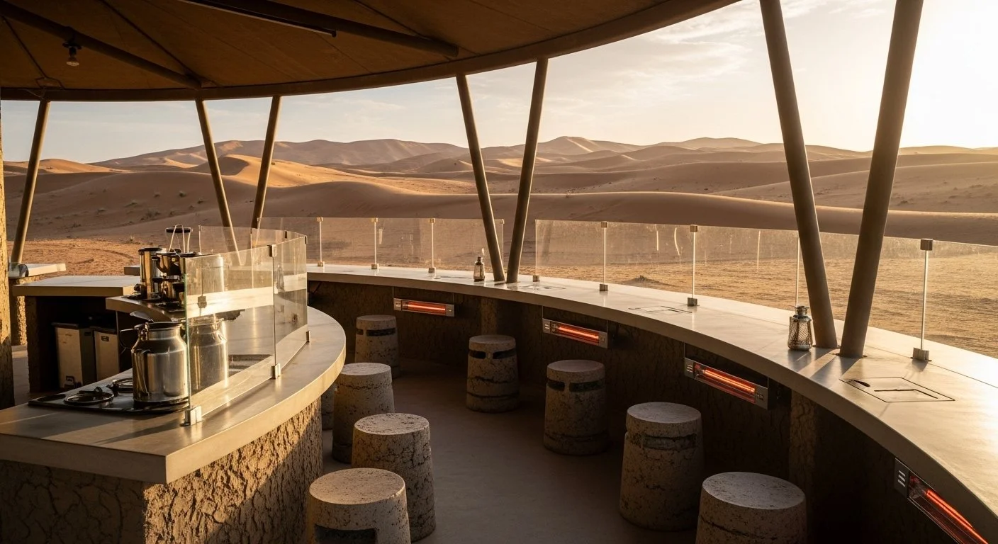 An open-air bar or lounge area with a curved counter and stone stools, overlooking sand dunes at sunset.
