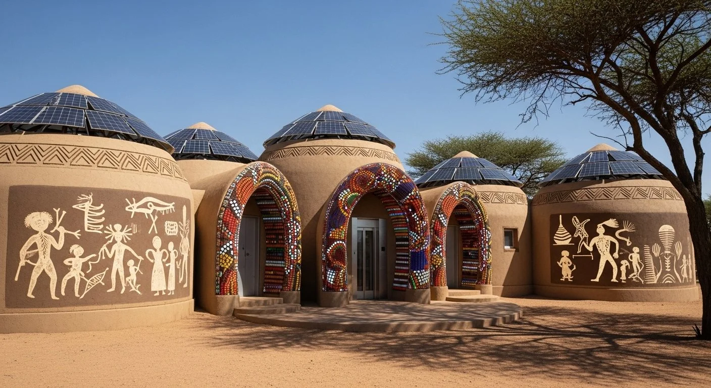 Traditional-style building with solar panel domes and colorful beaded arches, decorated with indigenous artwork depicting tribal figures, animals, and symbols, in a desert landscape with a large tree and clear sky.