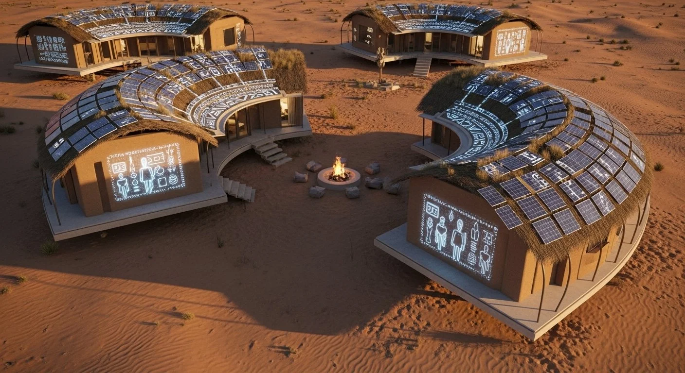 Illustration of a traditional-style village with four round huts in a desert landscape, with solar panels on their thatched roofs, and a central fire pit.