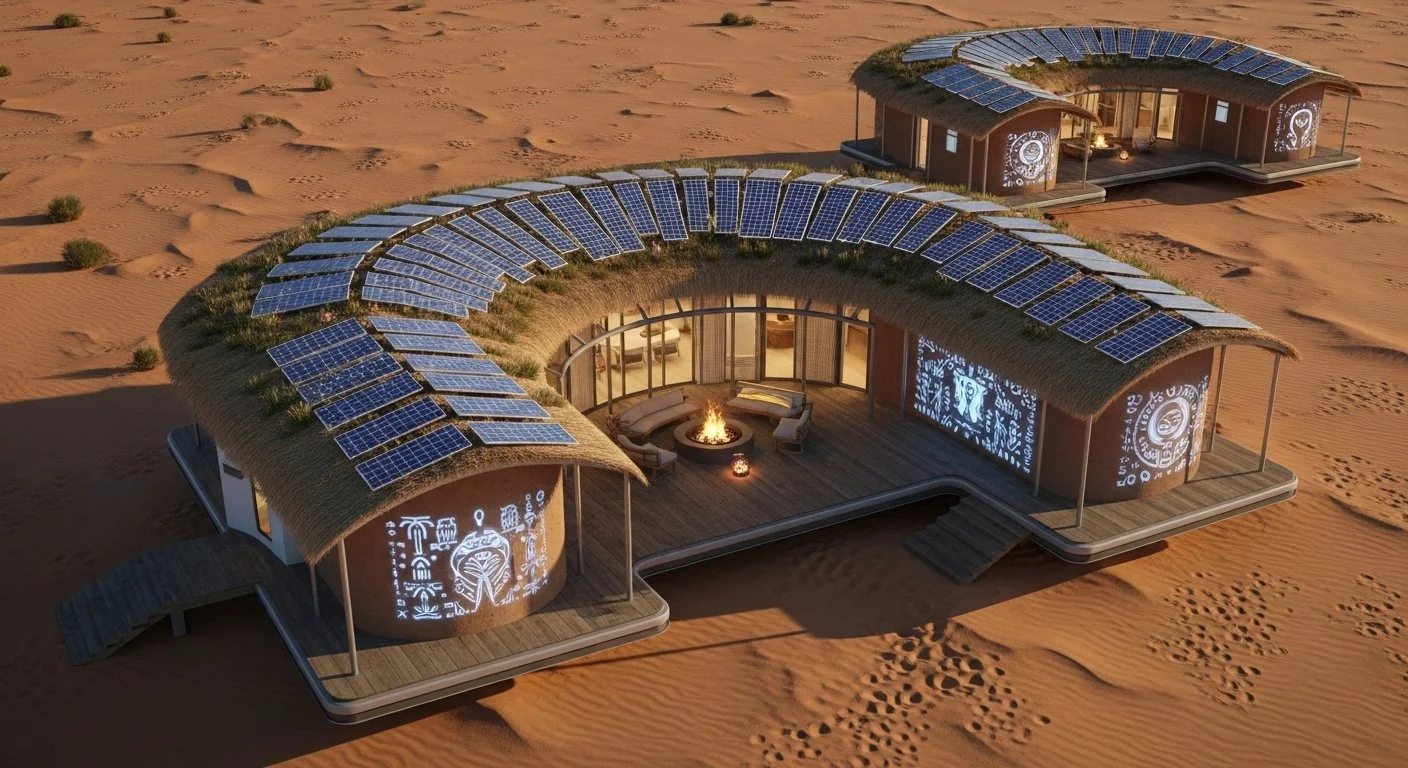 A modern house with a circular layout in a desert, featuring solar panels on the roof and illuminated wall art, with a central outdoor seating area and firepit.
