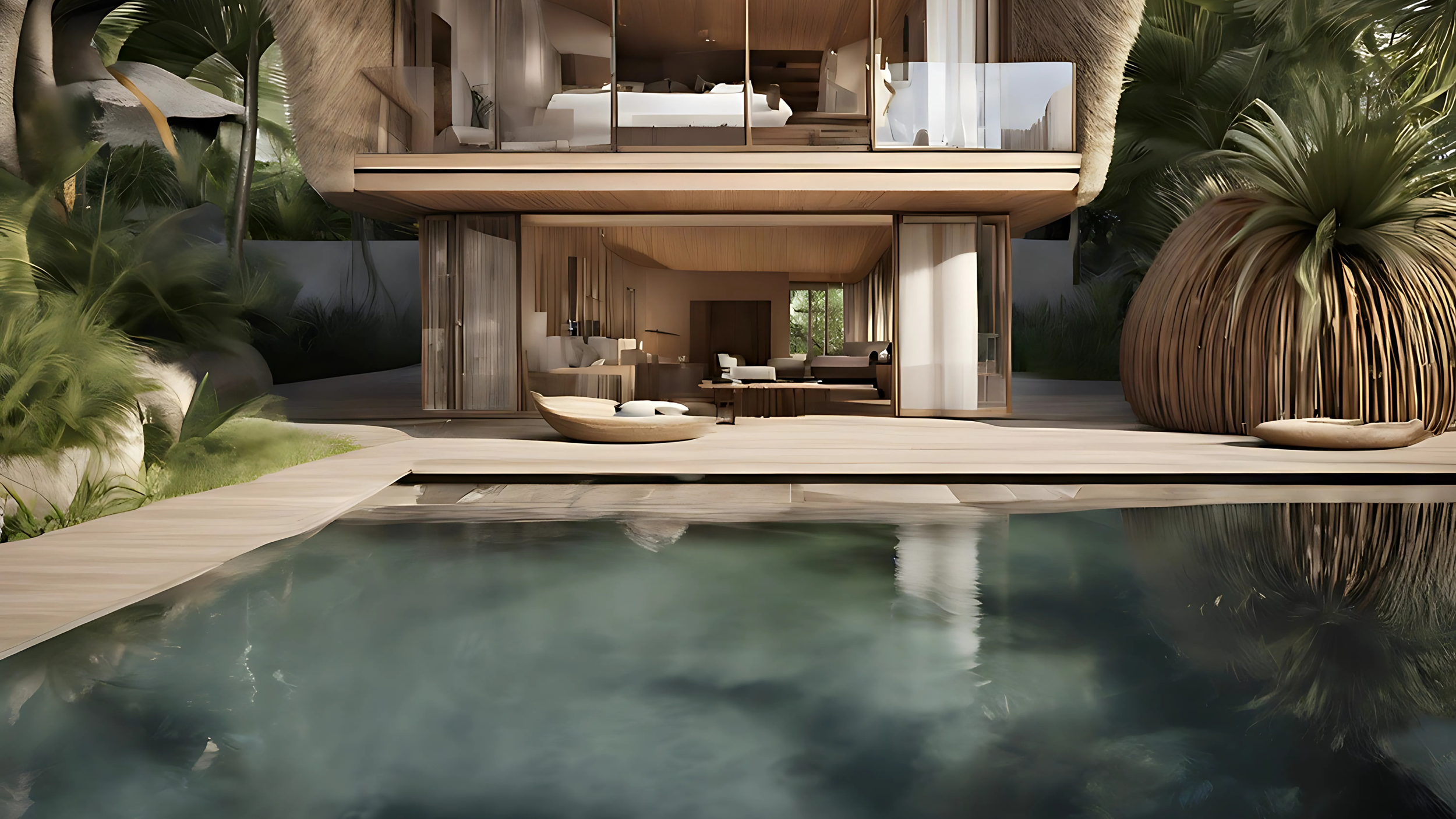 Modern two-story house with large glass windows and wood exterior, located by a pool with lush green tropical plants around it.