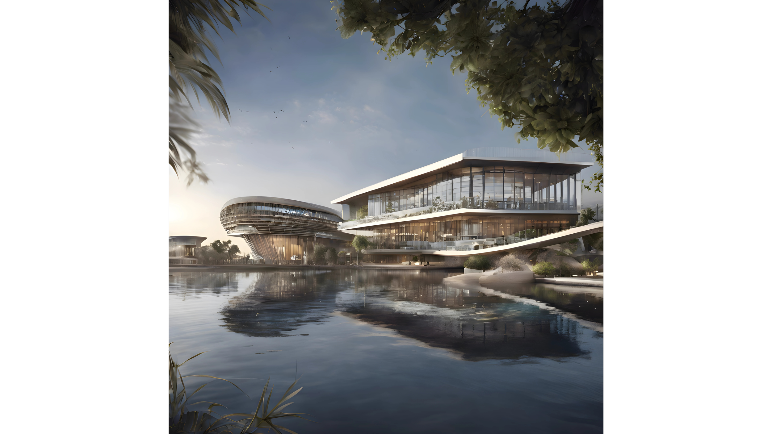 Modern architectural buildings with large glass windows beside a calm body of water, with trees and greenery, under a partly cloudy sky.