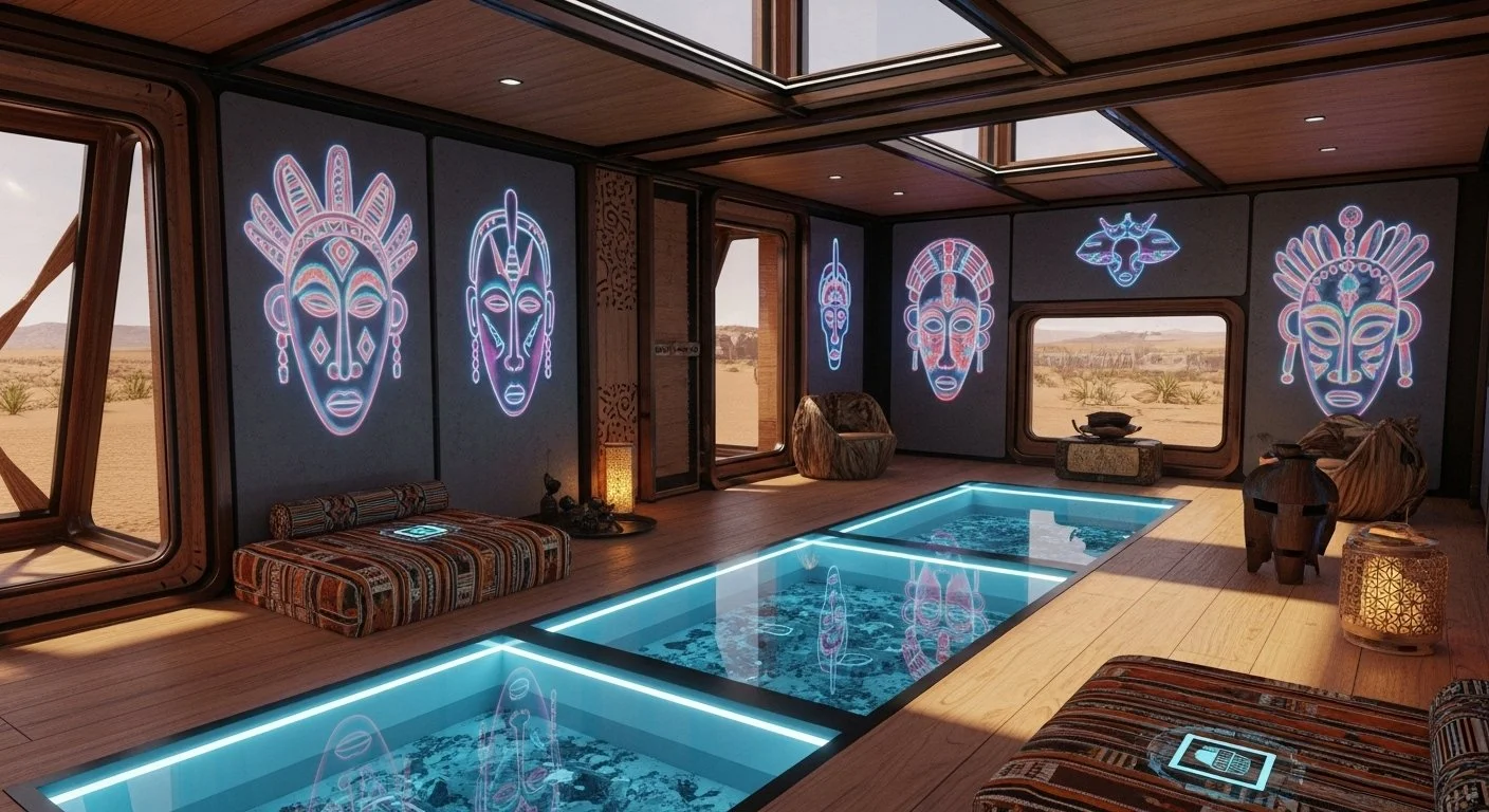 Interior of a luxury room with a glass floor pool, tribal art neon lights on the walls, and desert views outside the windows.