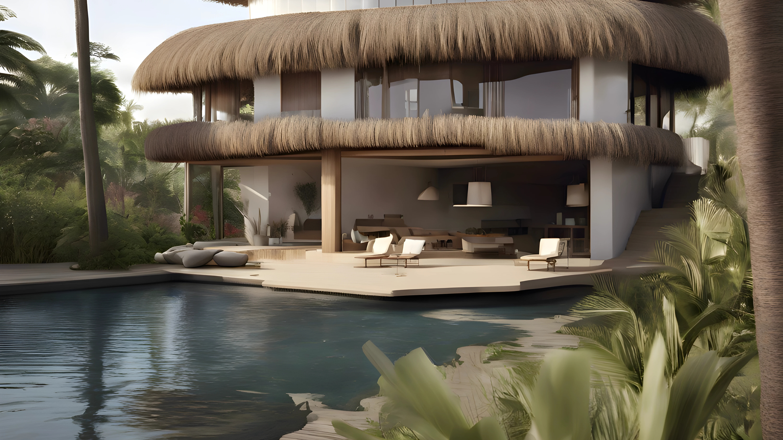 A modern tropical house with thatched roof overlooking a swimming pool, surrounded by lush greenery and palm trees.