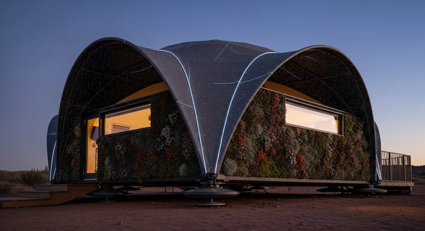 Futuristic, dome-shaped house with starry night sky design and large windows, situated on a flat, outdoor landscape.