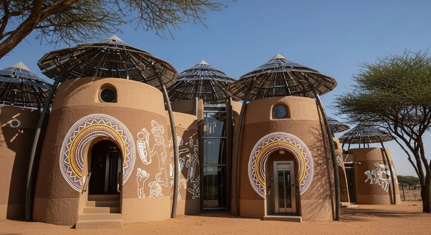 Traditional African-style building with rounded, mud-colored walls and decorated with white tribal patterns and artwork, with multiple conical thatched roofs supported by black metal poles, set in a desert environment with sparse trees and a clear bl